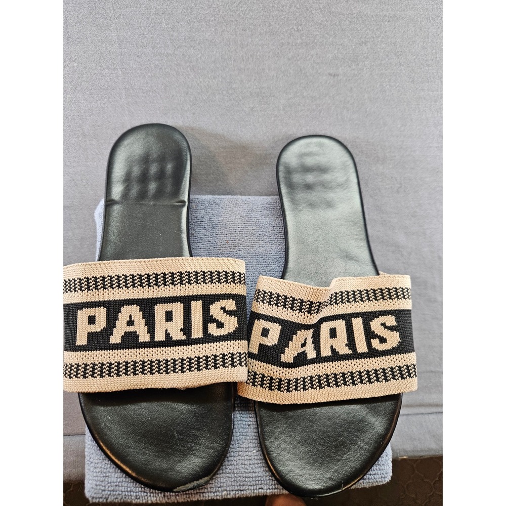 Paris Logo Woven Strap Slide Sandals Black Beige Flat Slip On Slides Size 39